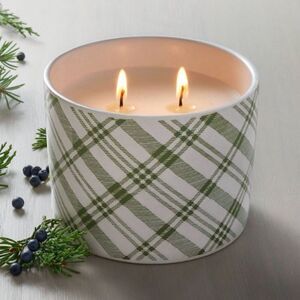 Plaid Ceramic Fireside Spruce 2-Wick Jar Christmas Candle Light Green 11oz  D5